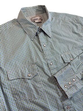 Wrangler Men's L Western Pearl Snap Shirt Blue Green Geometric Matchstick Print
